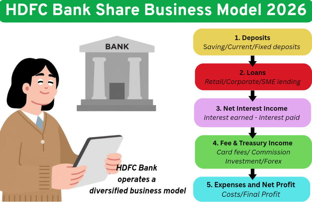 HDFC Bank share business model 2026 explained in simple terms, It earns by borrowing money at lower rates and lending at higher rates with proper risk management.